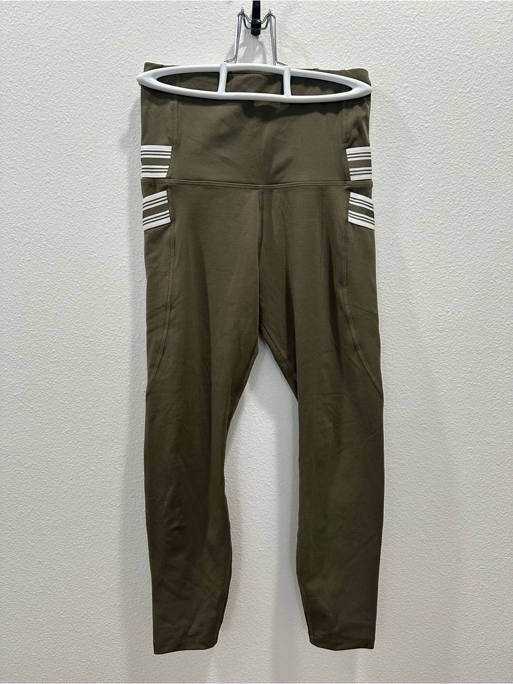 Lorna Jane Olive Green Active Leggings White Stripe Detail running gym athletic